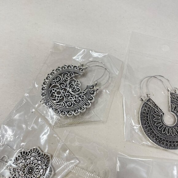 5 Pairs Filigree Hoop Earrings Boho Mandala Bollywood Goddess Silver-Tone‎ - Picture 7 of 10